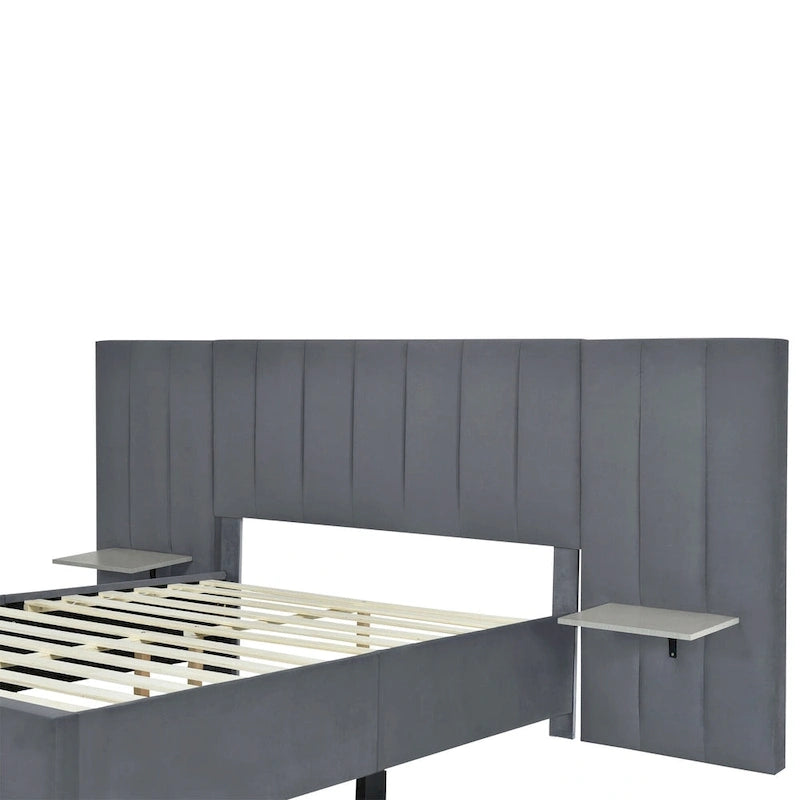 Lit Plateforme Rembourré Grand Format, Tête de Lit Surdimensionnée, Étagères Latérales, Style Moderne, Rose / Beige / Gris, 1 Personne