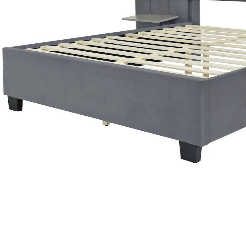Lit Plateforme Rembourré Grand Format, Tête de Lit Surdimensionnée, Étagères Latérales, Style Moderne, Rose / Beige / Gris, 1 Personne