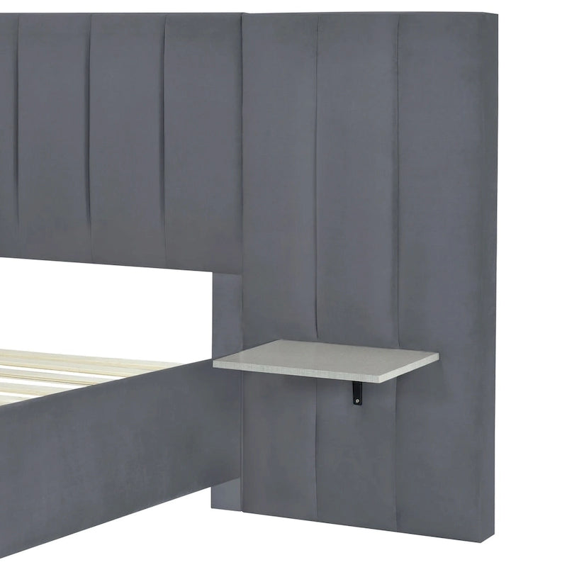 Lit Plateforme Rembourré Grand Format, Tête de Lit Surdimensionnée, Étagères Latérales, Style Moderne, Rose / Beige / Gris, 1 Personne