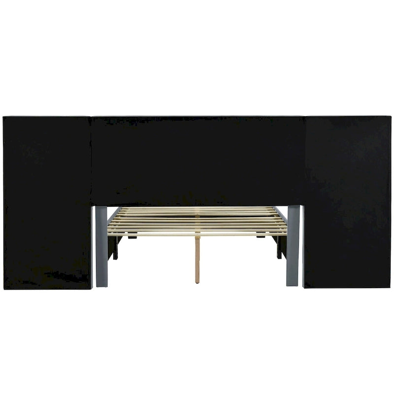 Lit Plateforme Rembourré Grand Format, Tête de Lit Surdimensionnée, Étagères Latérales, Style Moderne, Rose / Beige / Gris, 1 Personne