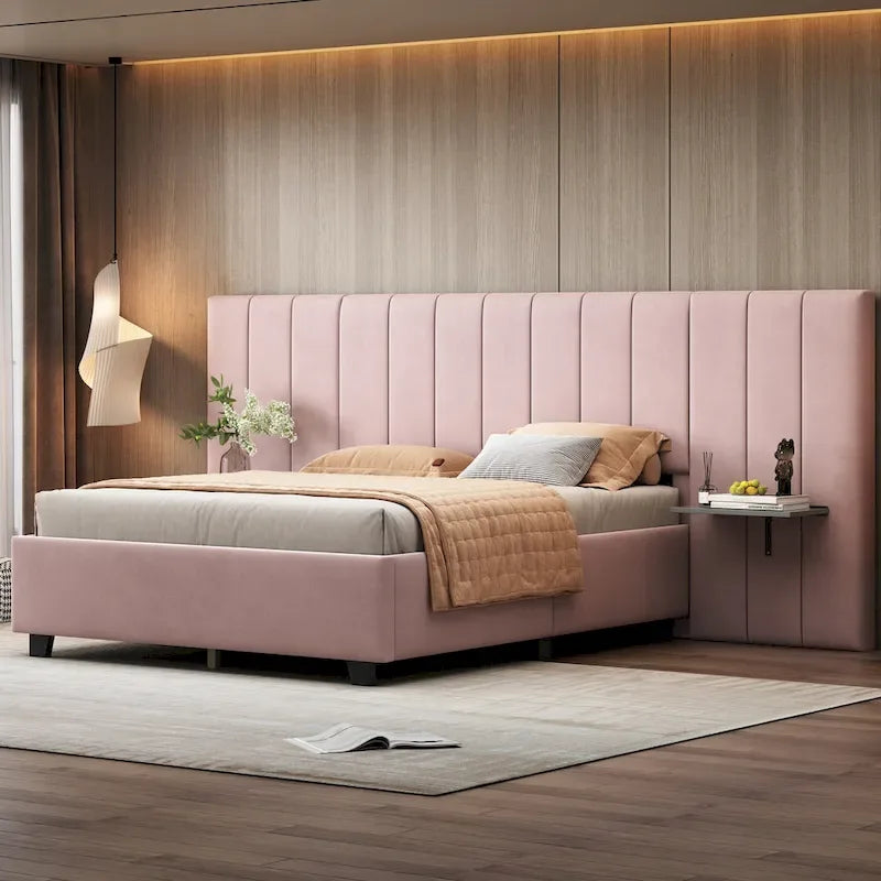 Lit Plateforme Rembourré Grand Format, Tête de Lit Surdimensionnée, Étagères Latérales, Style Moderne, Rose / Beige / Gris, 1 Personne