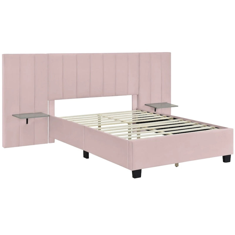 Lit Plateforme Rembourré Grand Format, Tête de Lit Surdimensionnée, Étagères Latérales, Style Moderne, Rose / Beige / Gris, 1 Personne