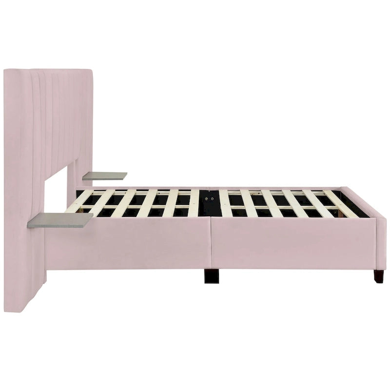 Lit Plateforme Rembourré Grand Format, Tête de Lit Surdimensionnée, Étagères Latérales, Style Moderne, Rose / Beige / Gris, 1 Personne