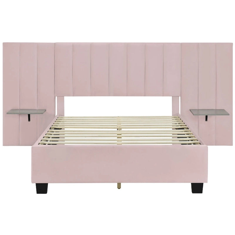 Lit Plateforme Rembourré Grand Format, Tête de Lit Surdimensionnée, Étagères Latérales, Style Moderne, Rose / Beige / Gris, 1 Personne