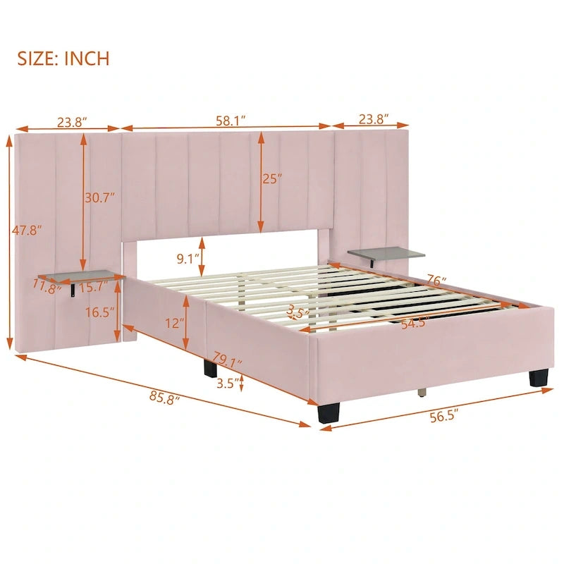 Lit Plateforme Rembourré Grand Format, Tête de Lit Surdimensionnée, Étagères Latérales, Style Moderne, Rose / Beige / Gris, 1 Personne