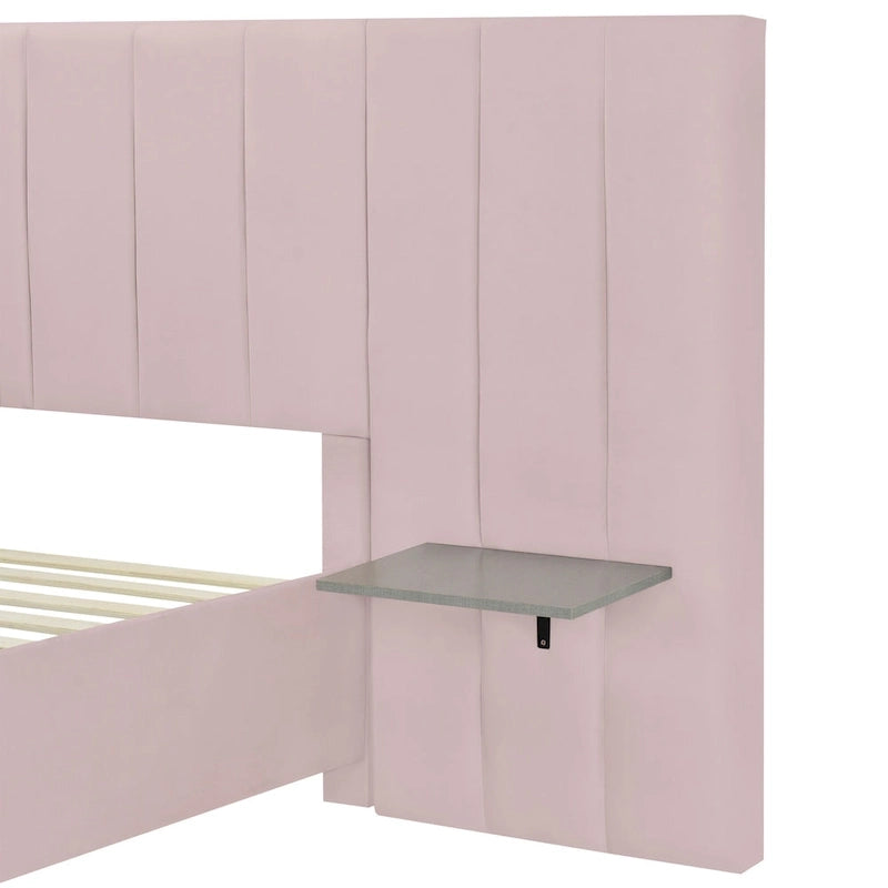 Lit Plateforme Rembourré Grand Format, Tête de Lit Surdimensionnée, Étagères Latérales, Style Moderne, Rose / Beige / Gris, 1 Personne