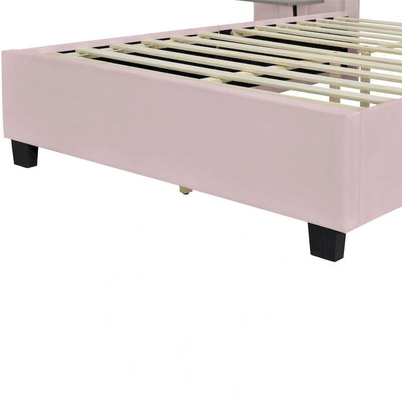 Lit Plateforme Rembourré Grand Format, Tête de Lit Surdimensionnée, Étagères Latérales, Style Moderne, Rose / Beige / Gris, 1 Personne