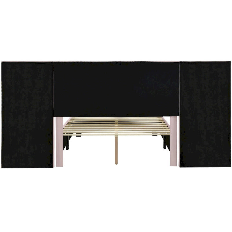 Lit Plateforme Rembourré Grand Format, Tête de Lit Surdimensionnée, Étagères Latérales, Style Moderne, Rose / Beige / Gris, 1 Personne