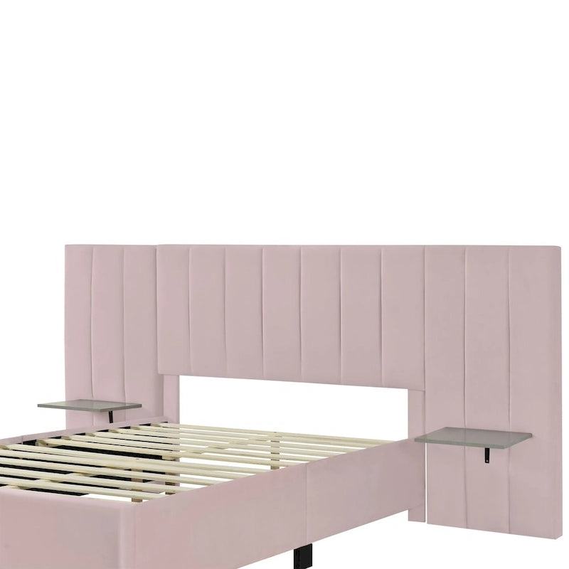 Lit Plateforme Rembourré Grand Format, Tête de Lit Surdimensionnée, Étagères Latérales, Style Moderne, Rose / Beige / Gris, 1 Personne