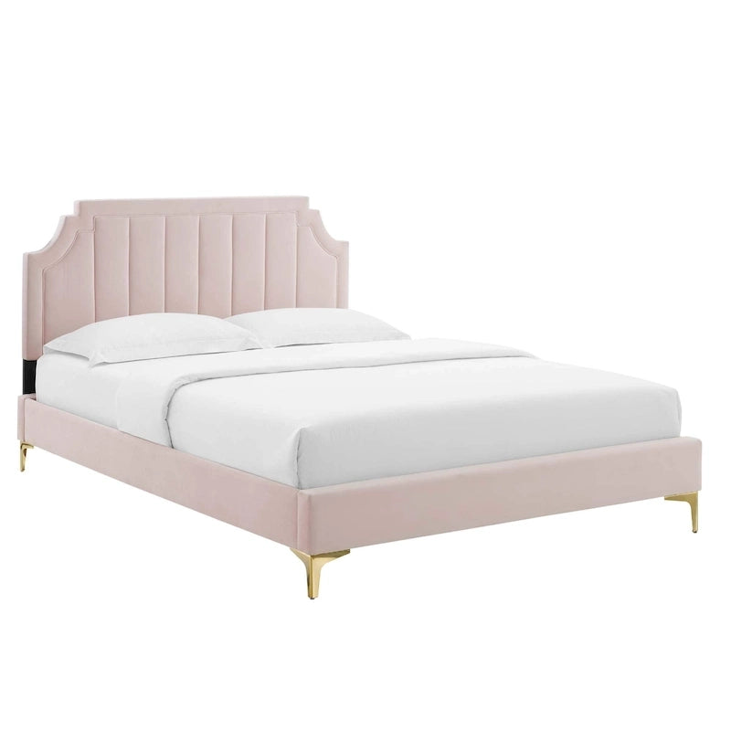 Lit plateforme jumeau, tête de lit capitonnée verticale, velours performant, pieds en métal doré, style glamour, rose / bleu marine / sarcelle / blanc / menthe / anthracite / rose poudré / gris clair, 1 personne