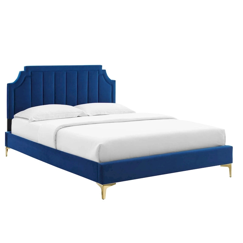 Lit plateforme jumeau, tête de lit capitonnée verticale, velours performant, pieds en métal doré, style glamour, rose / bleu marine / sarcelle / blanc / menthe / anthracite / rose poudré / gris clair, 1 personne