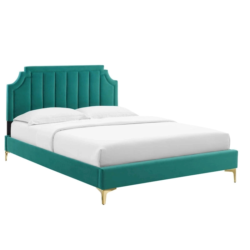 Lit plateforme jumeau, tête de lit capitonnée verticale, velours performant, pieds en métal doré, style glamour, rose / bleu marine / sarcelle / blanc / menthe / anthracite / rose poudré / gris clair, 1 personne