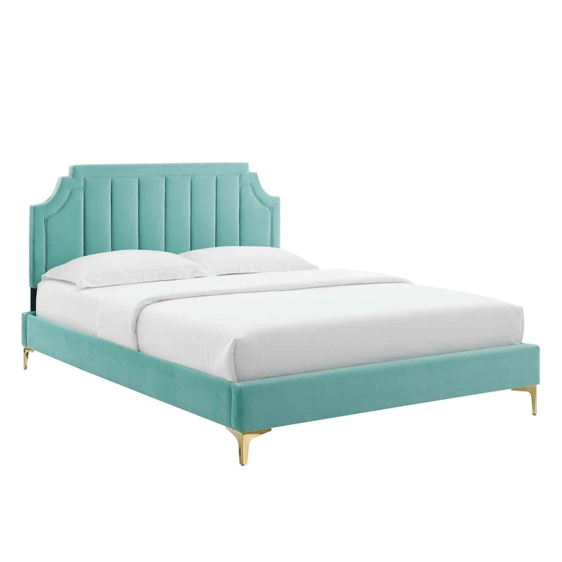 Lit plateforme jumeau, tête de lit capitonnée verticale, velours performant, pieds en métal doré, style glamour, rose / bleu marine / sarcelle / blanc / menthe / anthracite / rose poudré / gris clair, 1 personne