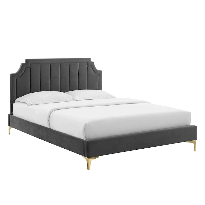 Lit plateforme jumeau, tête de lit capitonnée verticale, velours performant, pieds en métal doré, style glamour, rose / bleu marine / sarcelle / blanc / menthe / anthracite / rose poudré / gris clair, 1 personne
