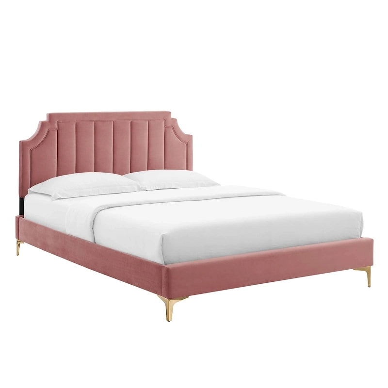 Lit plateforme jumeau, tête de lit capitonnée verticale, velours performant, pieds en métal doré, style glamour, rose / bleu marine / sarcelle / blanc / menthe / anthracite / rose poudré / gris clair, 1 personne
