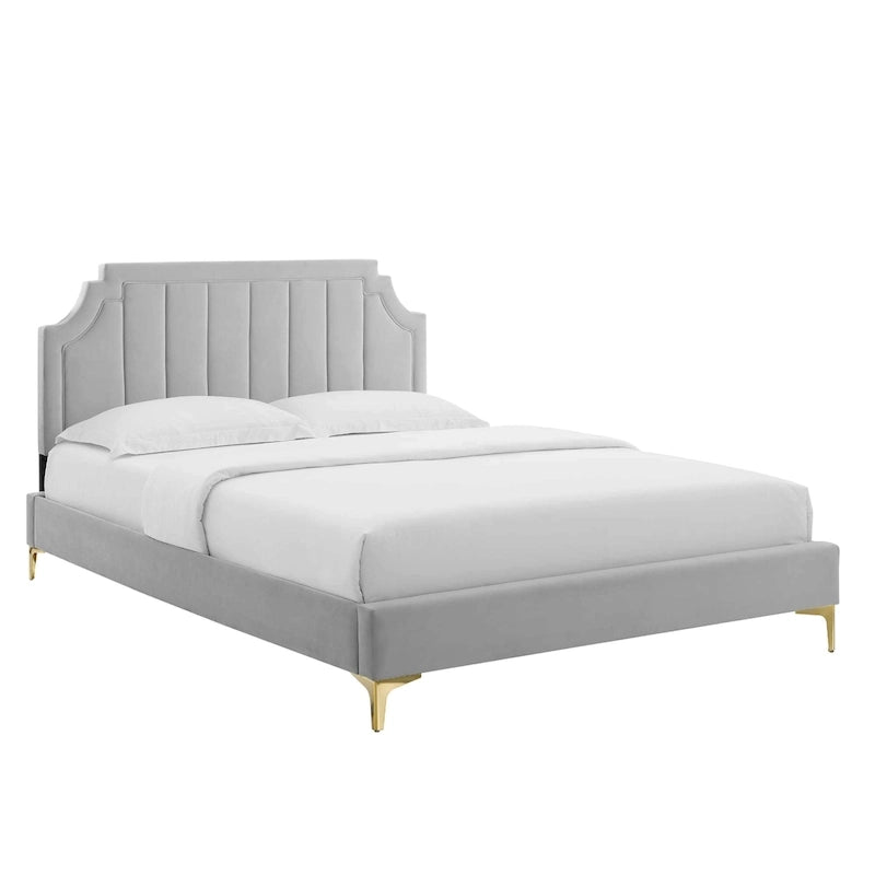 Lit plateforme jumeau, tête de lit capitonnée verticale, velours performant, pieds en métal doré, style glamour, rose / bleu marine / sarcelle / blanc / menthe / anthracite / rose poudré / gris clair, 1 personne