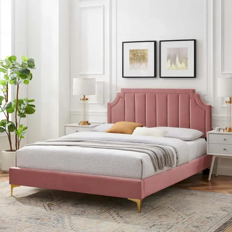 Lit plateforme jumeau, tête de lit capitonnée verticale, velours performant, pieds en métal doré, style glamour, rose / bleu marine / sarcelle / blanc / menthe / anthracite / rose poudré / gris clair, 1 personne