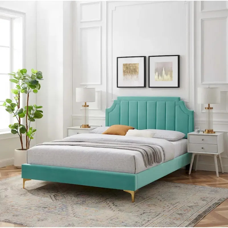 Lit plateforme jumeau, tête de lit capitonnée verticale, velours performant, pieds en métal doré, style glamour, rose / bleu marine / sarcelle / blanc / menthe / anthracite / rose poudré / gris clair, 1 personne