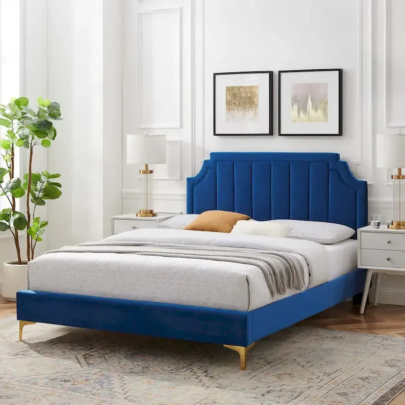 Lit plateforme jumeau, tête de lit capitonnée verticale, velours performant, pieds en métal doré, style glamour, rose / bleu marine / sarcelle / blanc / menthe / anthracite / rose poudré / gris clair, 1 personne