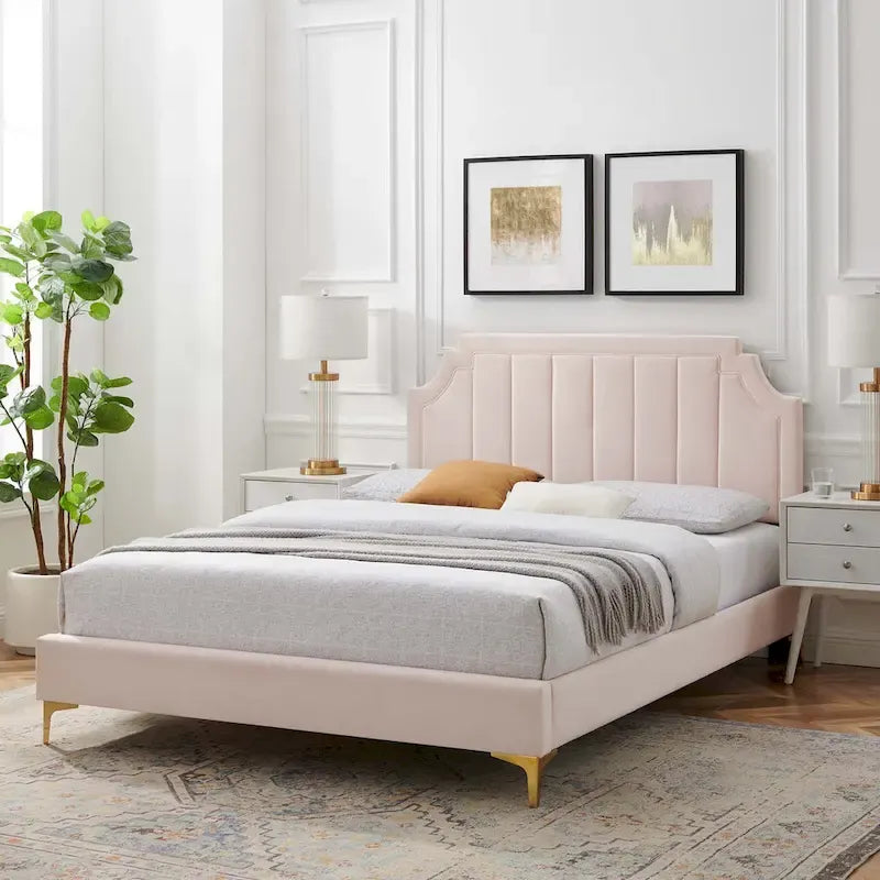 Lit plateforme jumeau, tête de lit capitonnée verticale, velours performant, pieds en métal doré, style glamour, rose / bleu marine / sarcelle / blanc / menthe / anthracite / rose poudré / gris clair, 1 personne