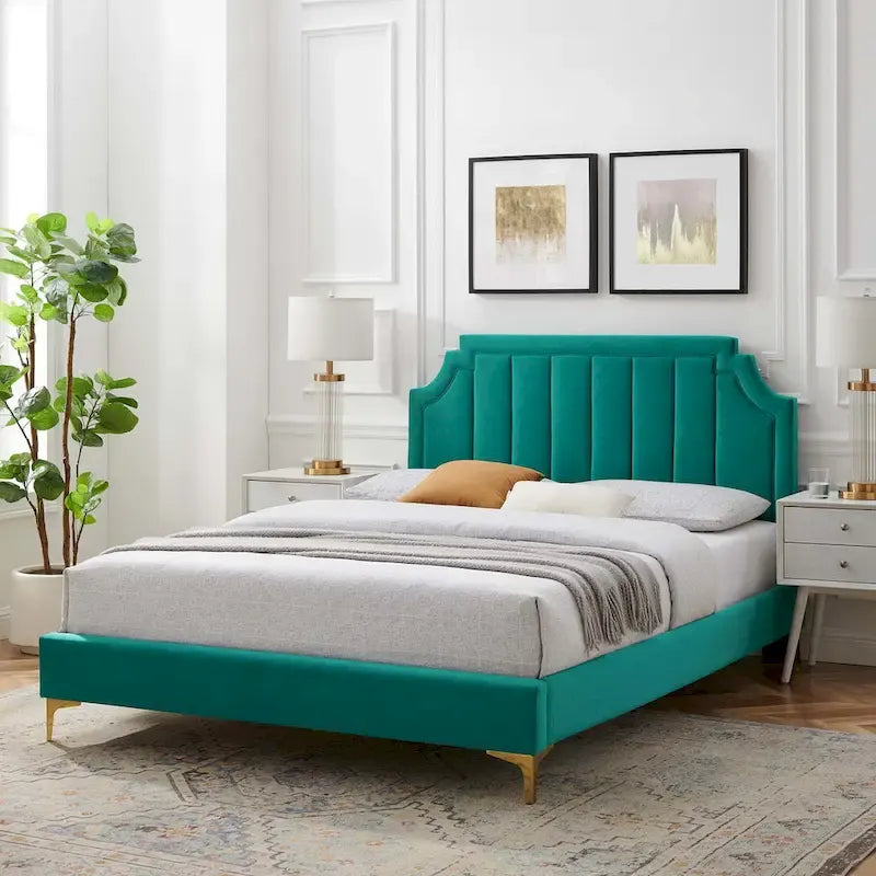 Lit plateforme jumeau, tête de lit capitonnée verticale, velours performant, pieds en métal doré, style glamour, rose / bleu marine / sarcelle / blanc / menthe / anthracite / rose poudré / gris clair, 1 personne