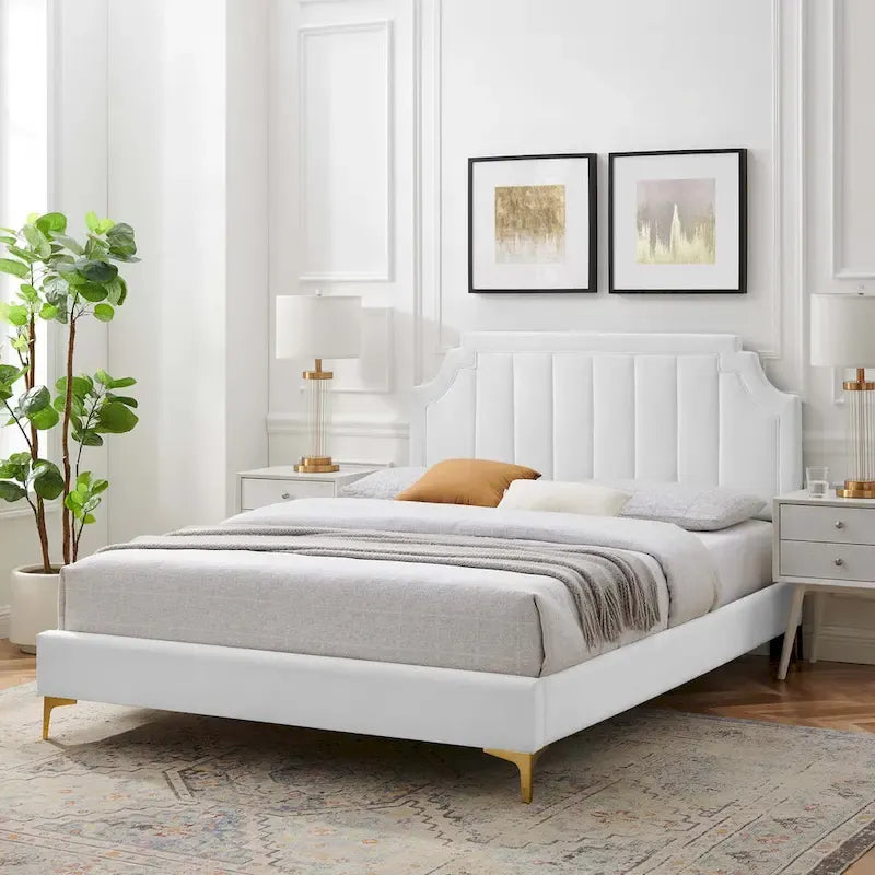 Lit plateforme jumeau, tête de lit capitonnée verticale, velours performant, pieds en métal doré, style glamour, rose / bleu marine / sarcelle / blanc / menthe / anthracite / rose poudré / gris clair, 1 personne