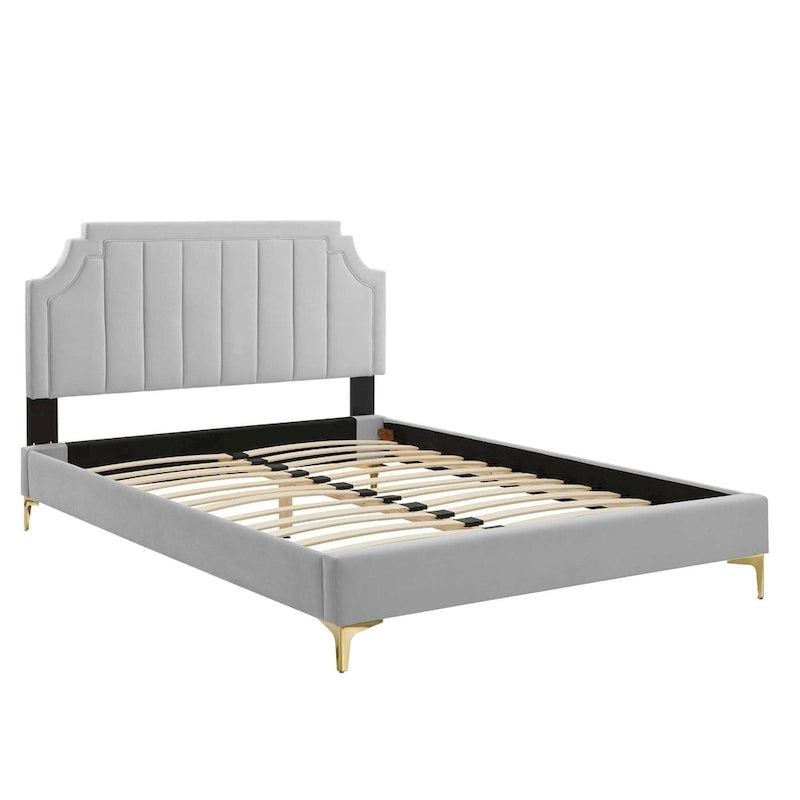 Lit plateforme jumeau, tête de lit capitonnée verticale, velours performant, pieds en métal doré, style glamour, rose / bleu marine / sarcelle / blanc / menthe / anthracite / rose poudré / gris clair, 1 personne
