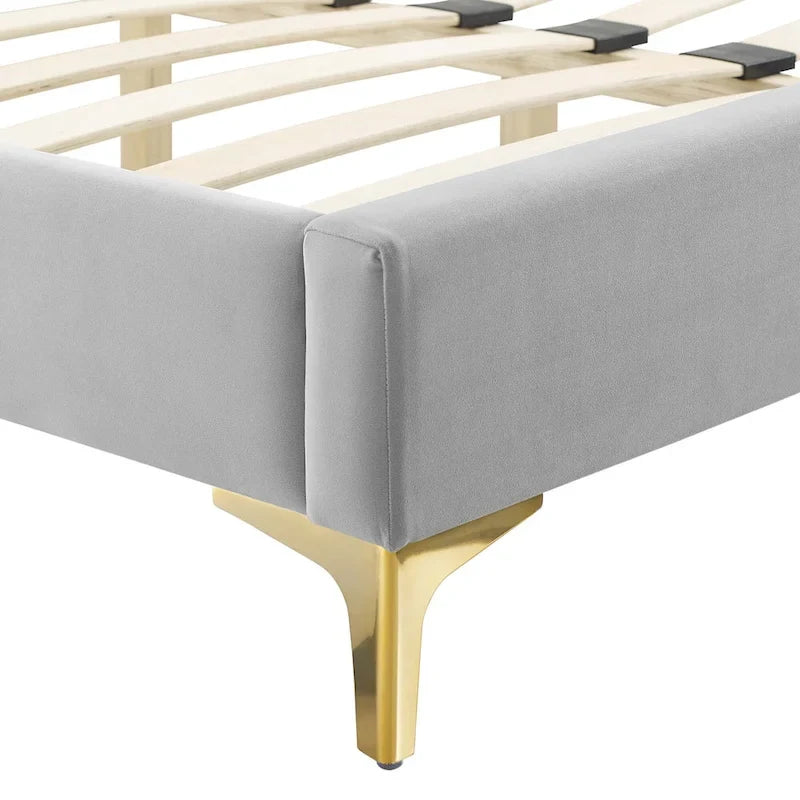 Lit plateforme jumeau, tête de lit capitonnée verticale, velours performant, pieds en métal doré, style glamour, rose / bleu marine / sarcelle / blanc / menthe / anthracite / rose poudré / gris clair, 1 personne
