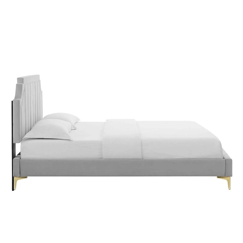 Lit plateforme jumeau, tête de lit capitonnée verticale, velours performant, pieds en métal doré, style glamour, rose / bleu marine / sarcelle / blanc / menthe / anthracite / rose poudré / gris clair, 1 personne