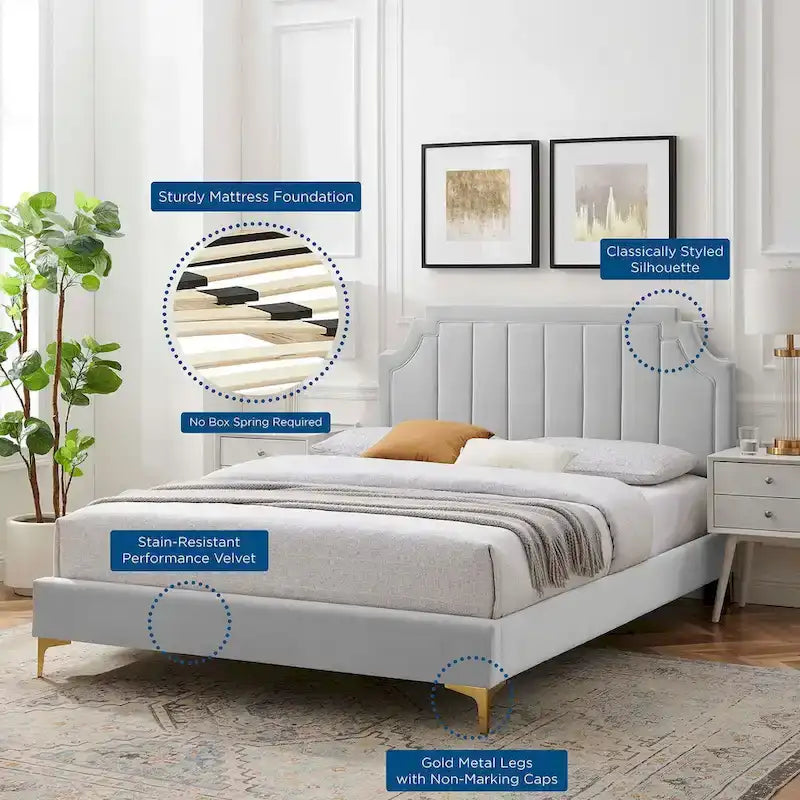 Lit plateforme jumeau, tête de lit capitonnée verticale, velours performant, pieds en métal doré, style glamour, rose / bleu marine / sarcelle / blanc / menthe / anthracite / rose poudré / gris clair, 1 personne