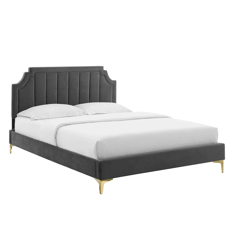 Lit plateforme jumeau, tête de lit capitonnée verticale, velours performant, pieds en métal doré, style glamour, rose / bleu marine / sarcelle / blanc / menthe / anthracite / rose poudré / gris clair, 1 personne