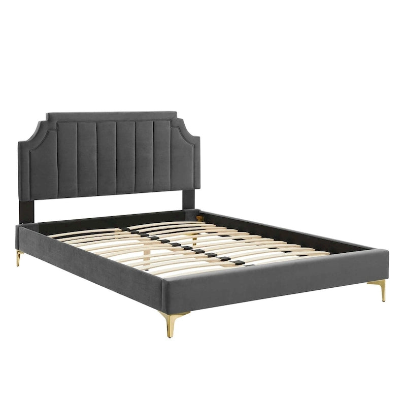 Lit plateforme jumeau, tête de lit capitonnée verticale, velours performant, pieds en métal doré, style glamour, rose / bleu marine / sarcelle / blanc / menthe / anthracite / rose poudré / gris clair, 1 personne