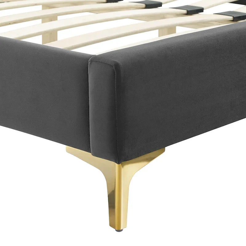 Lit plateforme jumeau, tête de lit capitonnée verticale, velours performant, pieds en métal doré, style glamour, rose / bleu marine / sarcelle / blanc / menthe / anthracite / rose poudré / gris clair, 1 personne