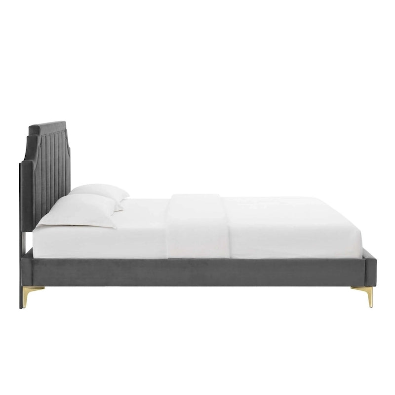 Lit plateforme jumeau, tête de lit capitonnée verticale, velours performant, pieds en métal doré, style glamour, rose / bleu marine / sarcelle / blanc / menthe / anthracite / rose poudré / gris clair, 1 personne