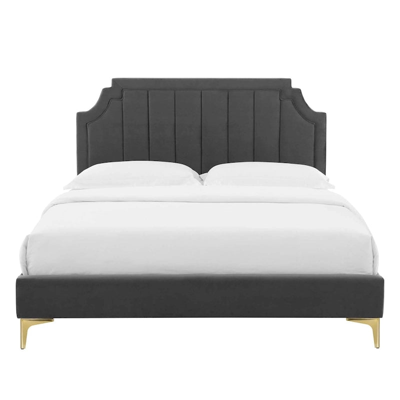 Lit plateforme jumeau, tête de lit capitonnée verticale, velours performant, pieds en métal doré, style glamour, rose / bleu marine / sarcelle / blanc / menthe / anthracite / rose poudré / gris clair, 1 personne