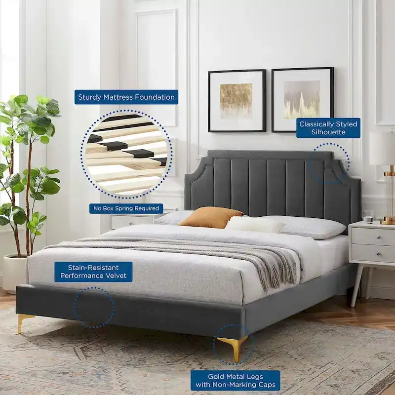 Lit plateforme jumeau, tête de lit capitonnée verticale, velours performant, pieds en métal doré, style glamour, rose / bleu marine / sarcelle / blanc / menthe / anthracite / rose poudré / gris clair, 1 personne