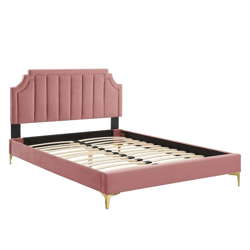 Lit plateforme jumeau, tête de lit capitonnée verticale, velours performant, pieds en métal doré, style glamour, rose / bleu marine / sarcelle / blanc / menthe / anthracite / rose poudré / gris clair, 1 personne