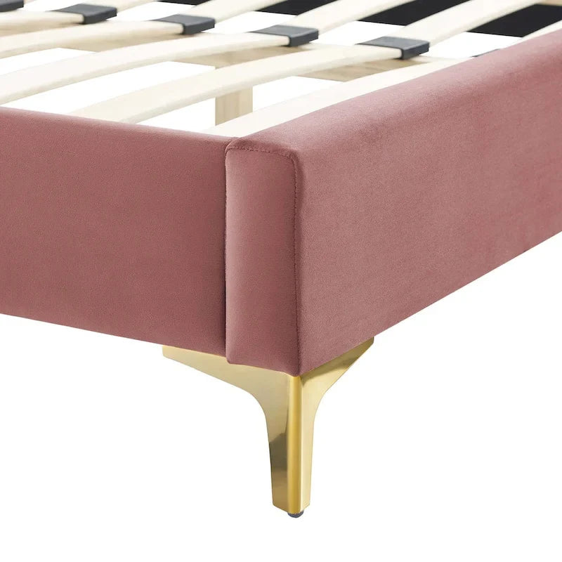 Lit plateforme jumeau, tête de lit capitonnée verticale, velours performant, pieds en métal doré, style glamour, rose / bleu marine / sarcelle / blanc / menthe / anthracite / rose poudré / gris clair, 1 personne