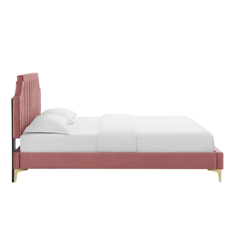 Lit plateforme jumeau, tête de lit capitonnée verticale, velours performant, pieds en métal doré, style glamour, rose / bleu marine / sarcelle / blanc / menthe / anthracite / rose poudré / gris clair, 1 personne