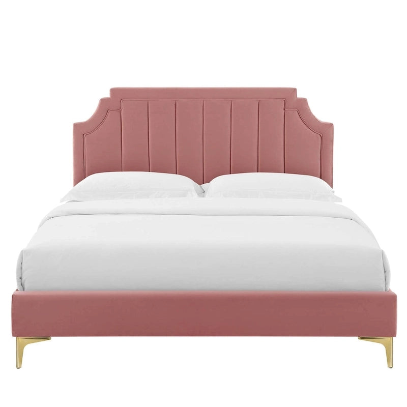 Lit plateforme jumeau, tête de lit capitonnée verticale, velours performant, pieds en métal doré, style glamour, rose / bleu marine / sarcelle / blanc / menthe / anthracite / rose poudré / gris clair, 1 personne