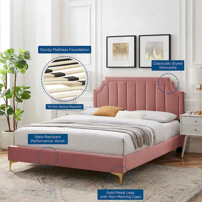 Lit plateforme jumeau, tête de lit capitonnée verticale, velours performant, pieds en métal doré, style glamour, rose / bleu marine / sarcelle / blanc / menthe / anthracite / rose poudré / gris clair, 1 personne