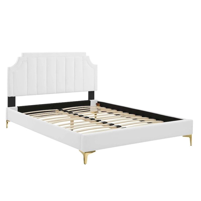 Lit plateforme jumeau, tête de lit capitonnée verticale, velours performant, pieds en métal doré, style glamour, rose / bleu marine / sarcelle / blanc / menthe / anthracite / rose poudré / gris clair, 1 personne