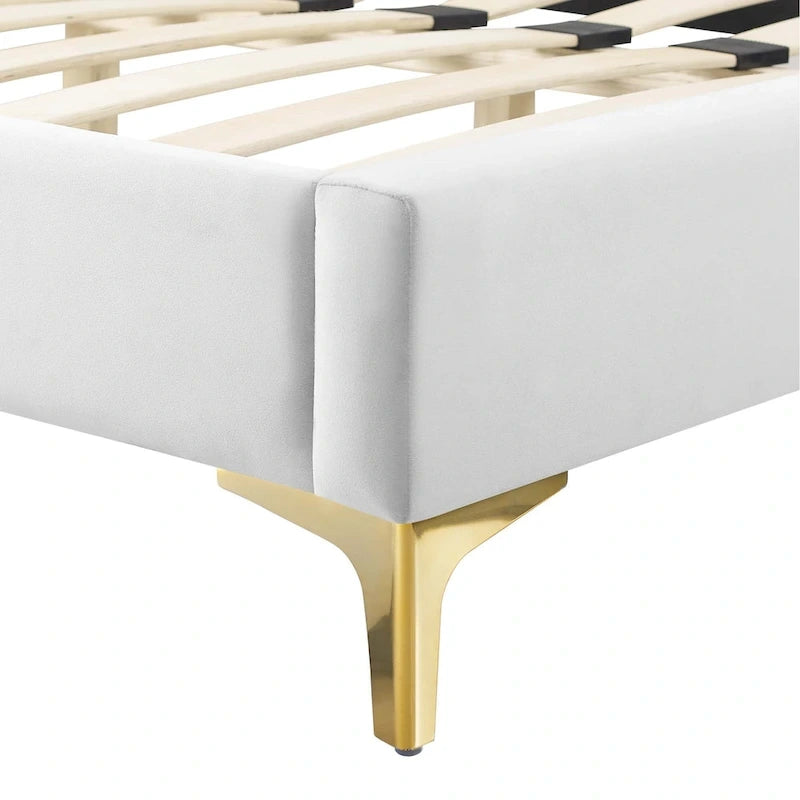 Lit plateforme jumeau, tête de lit capitonnée verticale, velours performant, pieds en métal doré, style glamour, rose / bleu marine / sarcelle / blanc / menthe / anthracite / rose poudré / gris clair, 1 personne