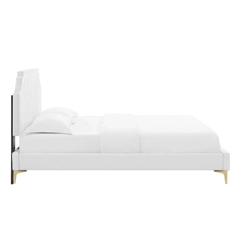 Lit plateforme jumeau, tête de lit capitonnée verticale, velours performant, pieds en métal doré, style glamour, rose / bleu marine / sarcelle / blanc / menthe / anthracite / rose poudré / gris clair, 1 personne