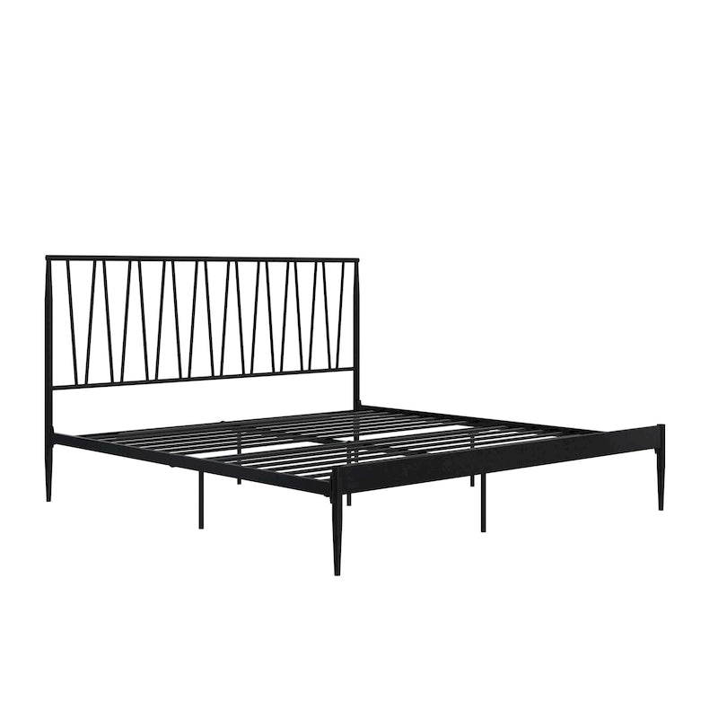 Cadre de lit métallique Queen Size, tête de lit à panneaux géométriques diagonaux, style moderne, noir, 2 personnes