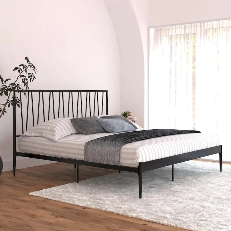 Cadre de lit métallique Queen Size, tête de lit à panneaux géométriques diagonaux, style moderne, noir, 2 personnes