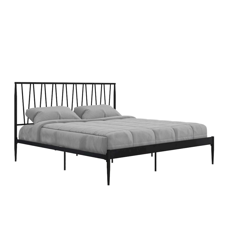 Cadre de lit métallique Queen Size, tête de lit à panneaux géométriques diagonaux, style moderne, noir, 2 personnes