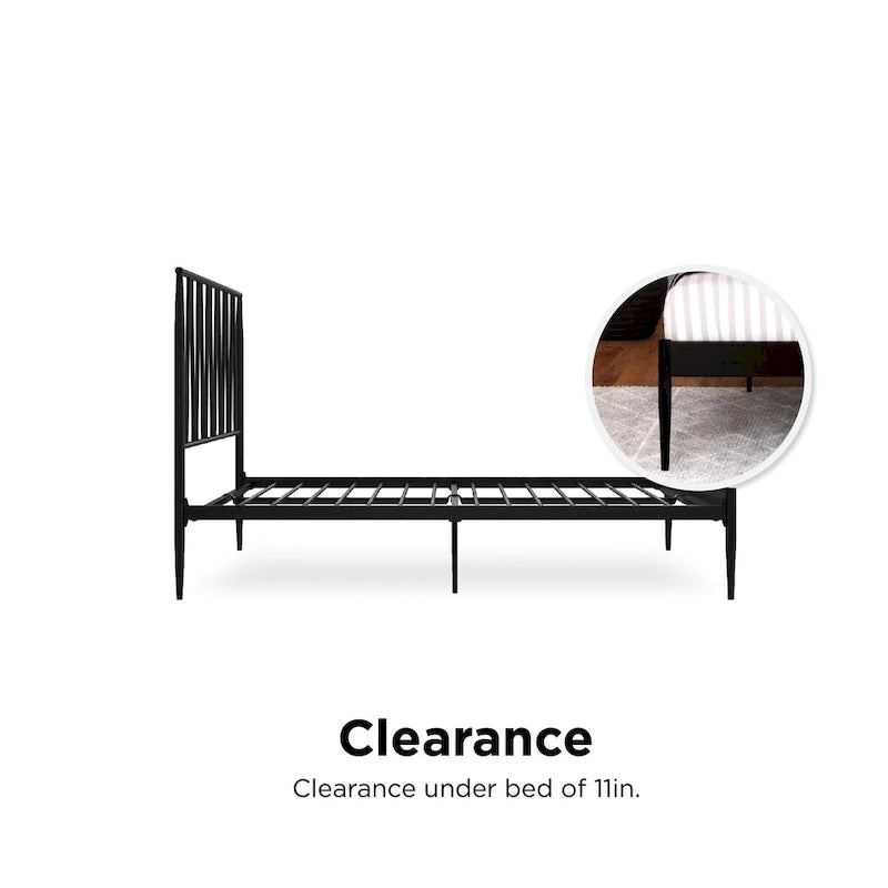 Cadre de lit métallique Queen Size, tête de lit à panneaux géométriques diagonaux, style moderne, noir, 2 personnes