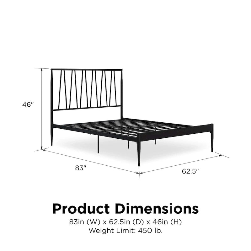 Cadre de lit métallique Queen Size, tête de lit à panneaux géométriques diagonaux, style moderne, noir, 2 personnes