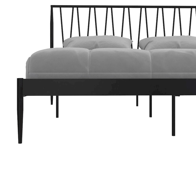 Cadre de lit métallique Queen Size, tête de lit à panneaux géométriques diagonaux, style moderne, noir, 2 personnes